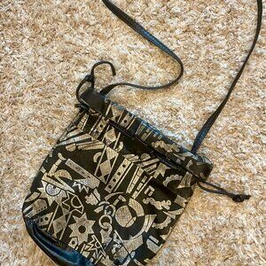 Round Hobo LEATHER Crossbody Bucket Bag Tribal Print Black+Gold